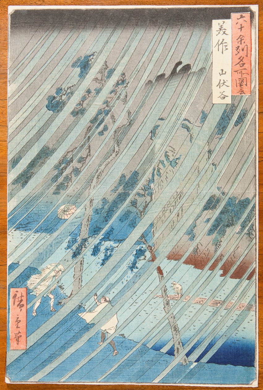 Regnskyl i Yamabushi-dalen i Mimasaka-provinsen / Mimasaka. Yamabushidani, plakat nr. 46 i serien: Udsigter fra berømte steder i de godt tres provinser / Rokuju yoshu meisho zue af Utagawa Hiroshige
