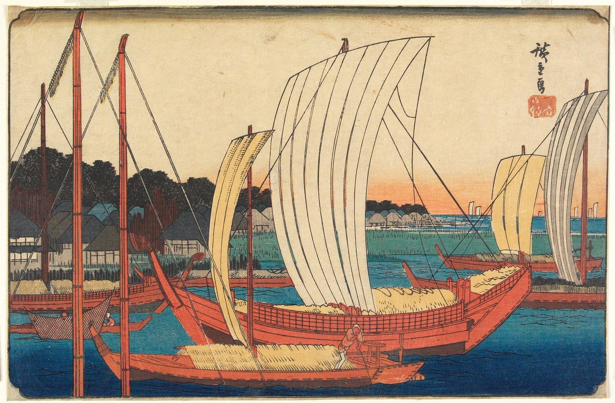 Udsigt over både, der sejler ind i havnen ved Tsukudajima af Utagawa Hiroshige