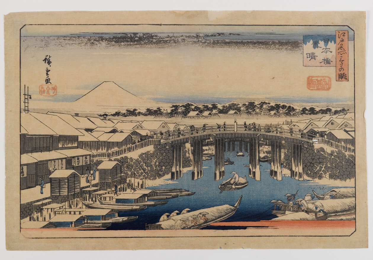 Udsigt over Nihonbashi Bridge, Edo (Edo Meisho) (træbloktryk, farve på papir) af Utagawa Hiroshige
