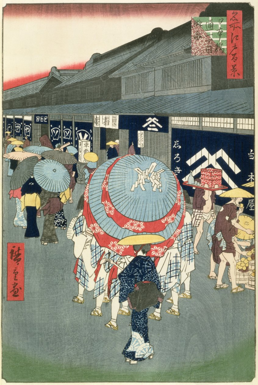 View of Nihonbashi Tori-itchome (Nihonbashi Tori-itchome Ryakuzu), tallerken 44 fra One Hundred Views of Edo (træblok farvetryk) af Utagawa Hiroshige