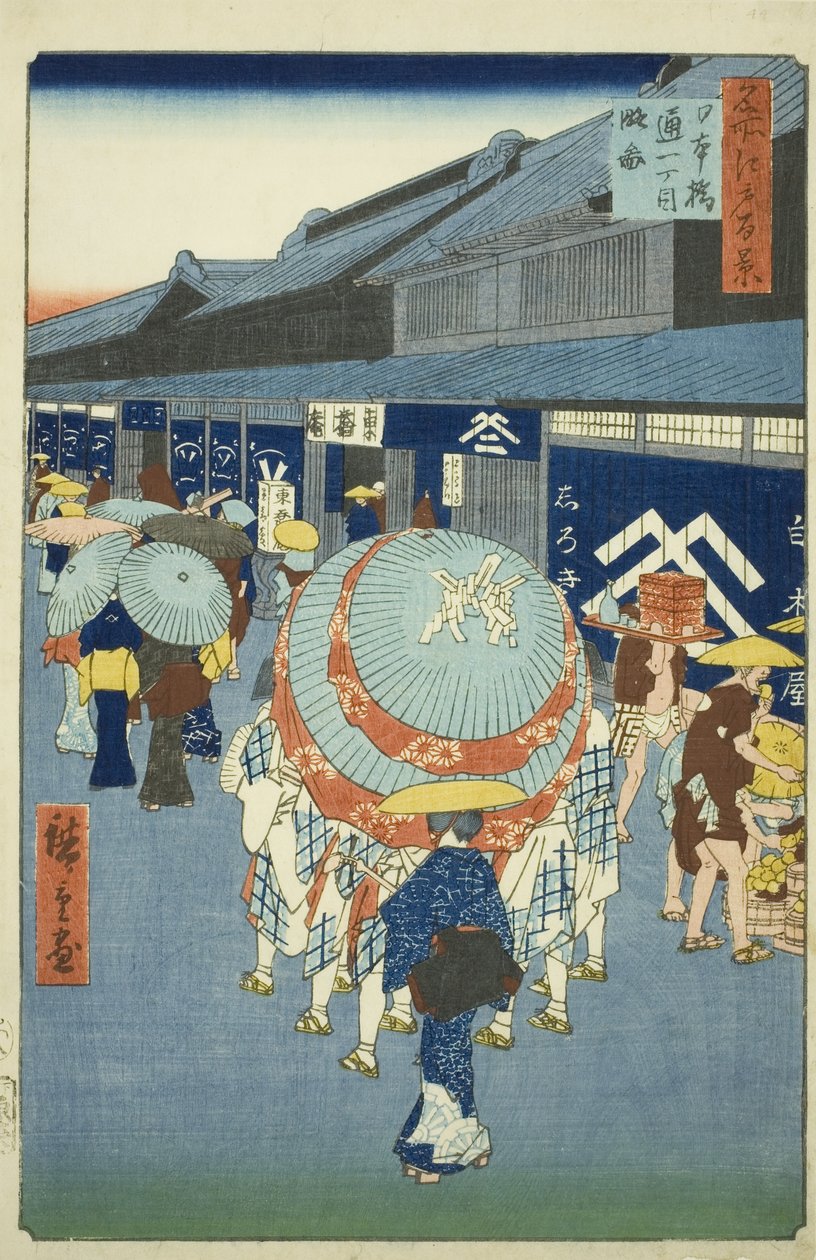 Vis w af Nihonbashi Tori tchome (Nihonbashi Tori tchome sketch), fra serien "Ridge dre d fa net s views of Edo (One hundred famous sights of Edo)" af Utagawa Hiroshige