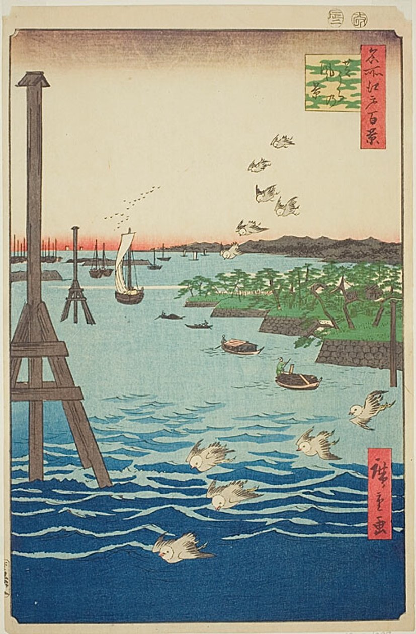 Udsigt over Shiba-kysten (Shibaura no kei), med lyst og mørkeblåt vand, nr. 108 fra serien One Hundred Famous Views of Edo (Meisho Edo hyakkei) af Utagawa Hiroshige