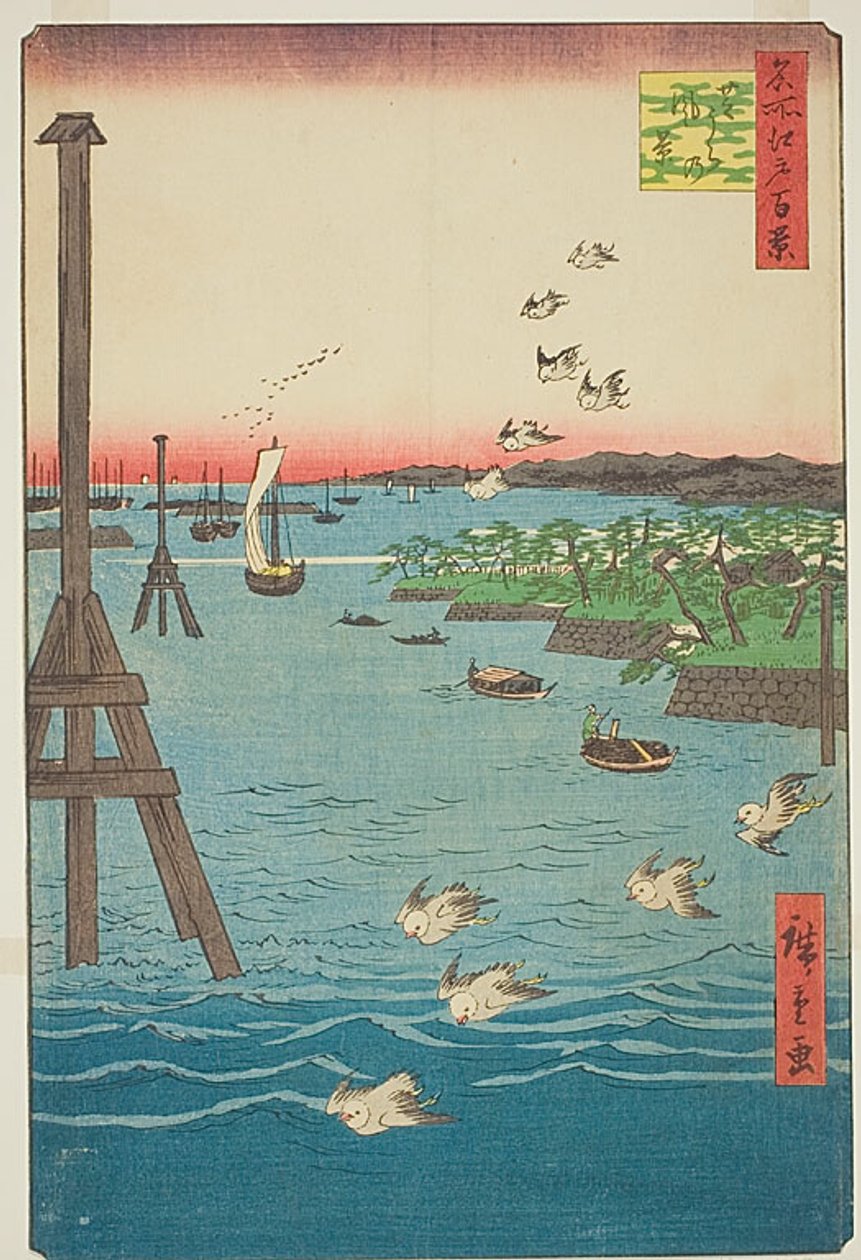 Udsigt over Shiba-kysten (Shibaura no kei), med nuancer af lyseblåt vand, nr. 108 fra serien One Hundred Famous Views of Edo (Meisho Edo hyakkei) af Utagawa Hiroshige