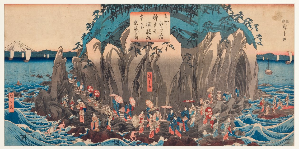 Udsigt over en pilgrimsrejse til Benzaitens hule og helligdom ved Enoshima, Sagami, ca. 1850-51 (træblok) af Utagawa Hiroshige