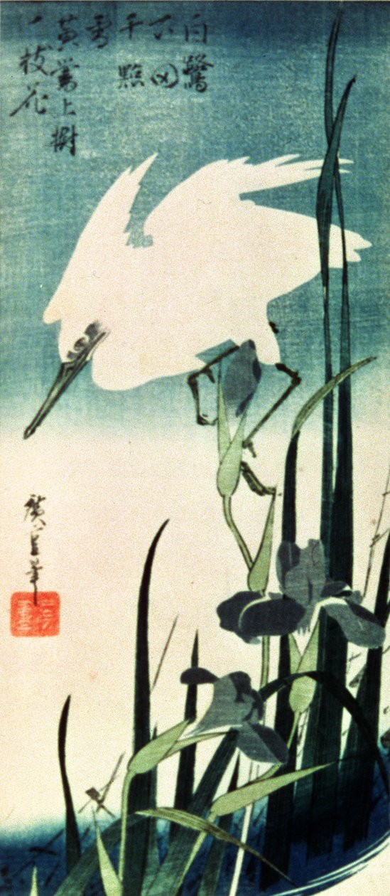 Hvid hejre og iris (farvet træsnit) af Utagawa Hiroshige