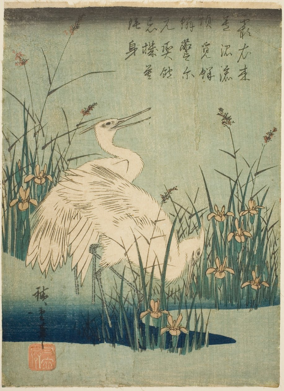 Hvide hejrer og iris af Utagawa Hiroshige