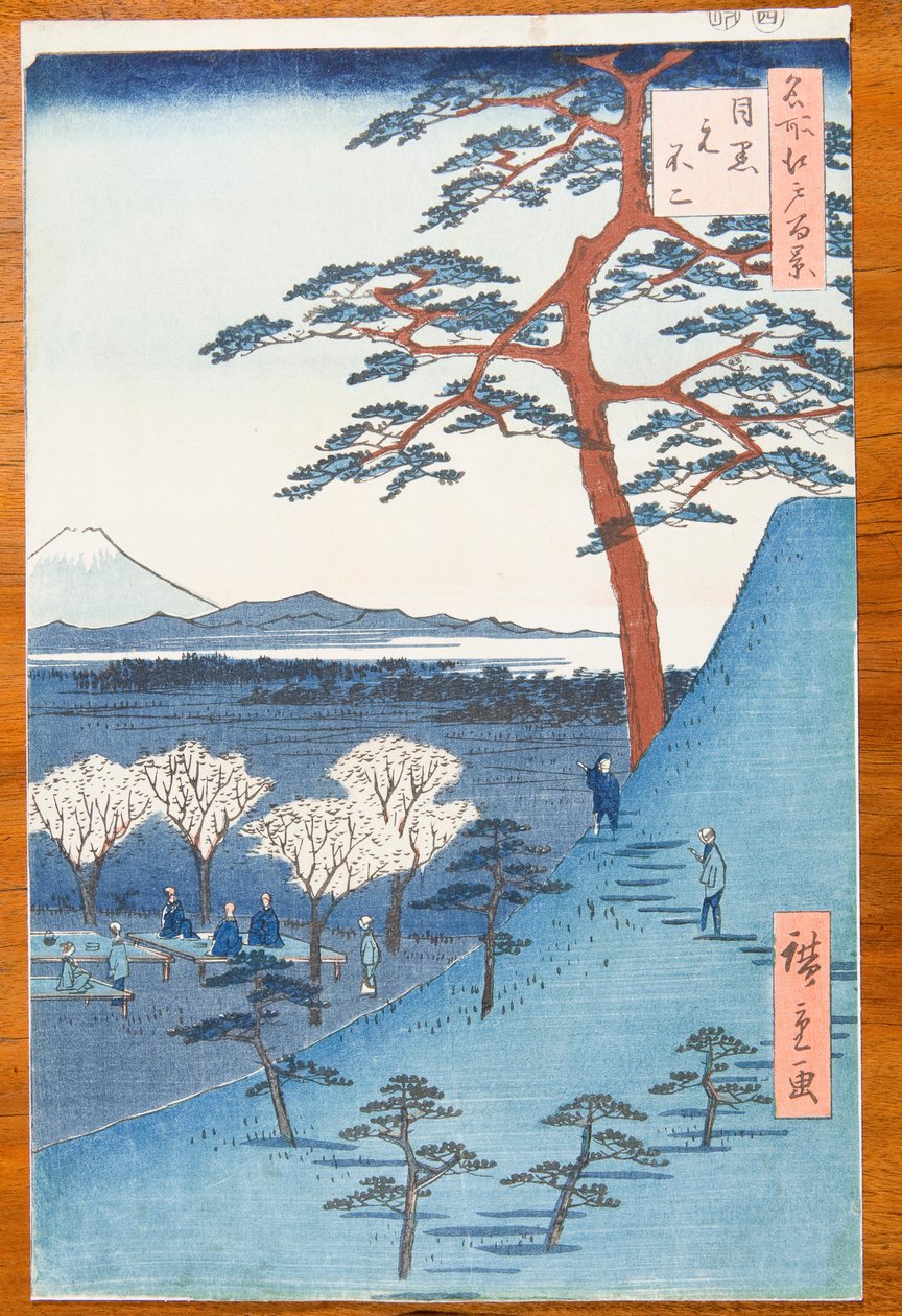 Udsigt fra Meguro til det ægte Fuji-bjerg - Meguro Moto-Fuji, plansche 25 fra serien: Hundrede berømte udsigter over Edo / Meisho Edo hyakkei af Utagawa Hiroshige
