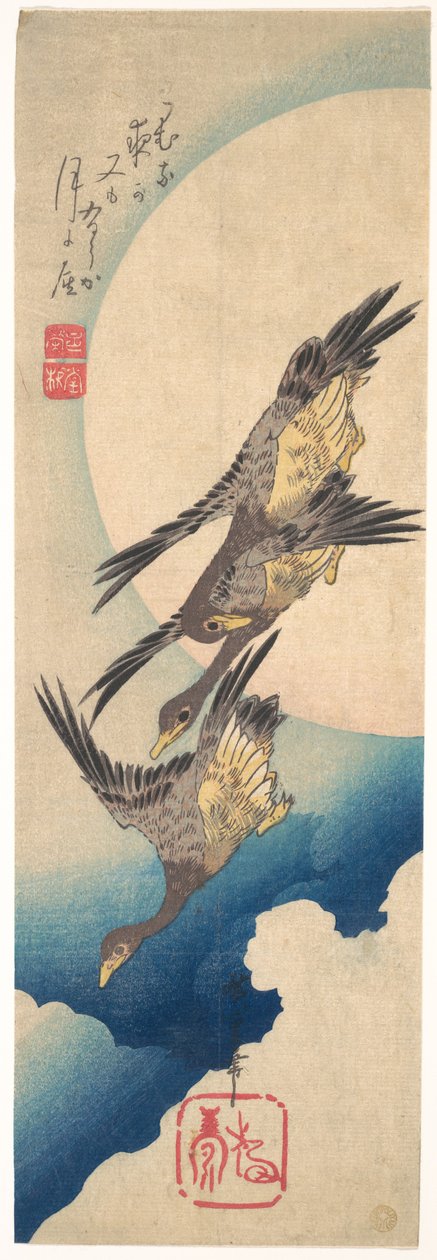 Vilde gæs, der flyver under fuldmånen af Utagawa Hiroshige