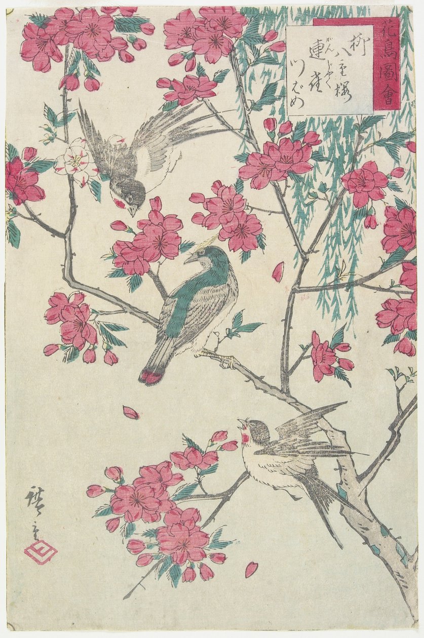 Pil, kirsebærblomster, spurve og svaler, tidligt 19. århundrede af Utagawa Hiroshige