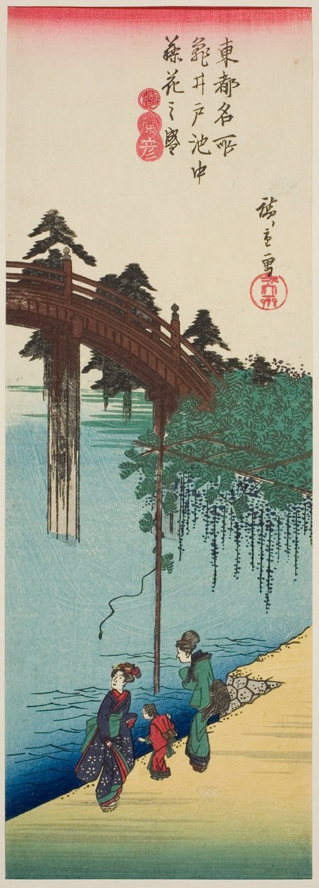 Wisteria i fuld blomst over dammen ved Kameido-helligdommen (Kameido ike chu fujibana no sakari), fra serien "Famous Places in the Eastern Capital (Toto meisho)" af Utagawa Hiroshige