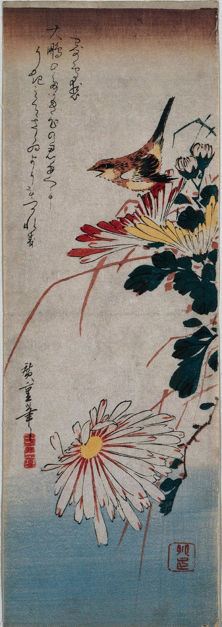 Wren og krysantemum af Utagawa Hiroshige