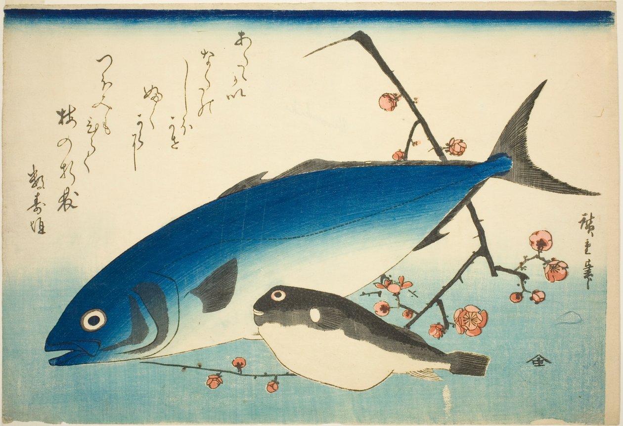 Gulhale, blæsefisk og blommegren af Utagawa Hiroshige