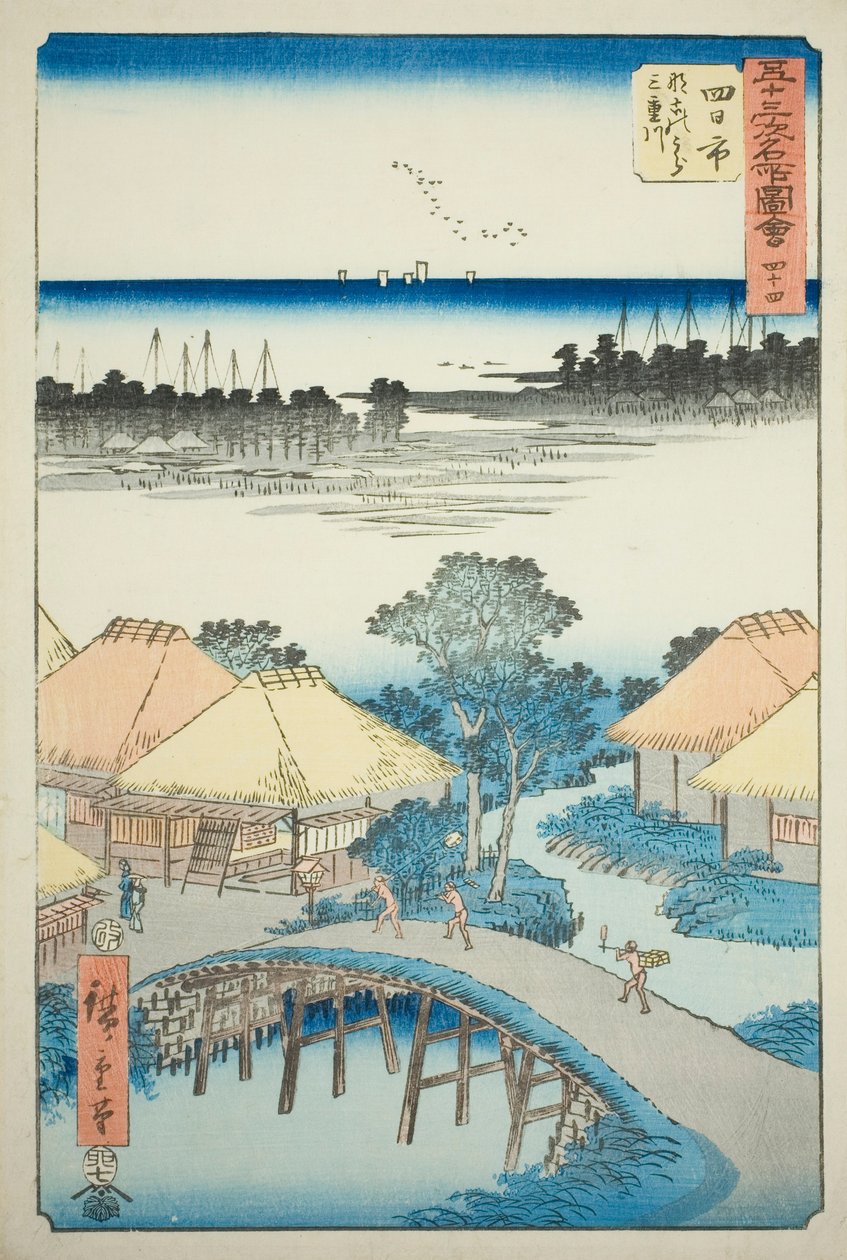 Yokkaichi: Nako-bugten og Mie-floden, nr. 44 fra serien "The Famous Sights of the Fifty-Three Stations (Gojusan Tsugi Meisho Zue)," også kendt som Vertical Tokaido af Utagawa Hiroshige