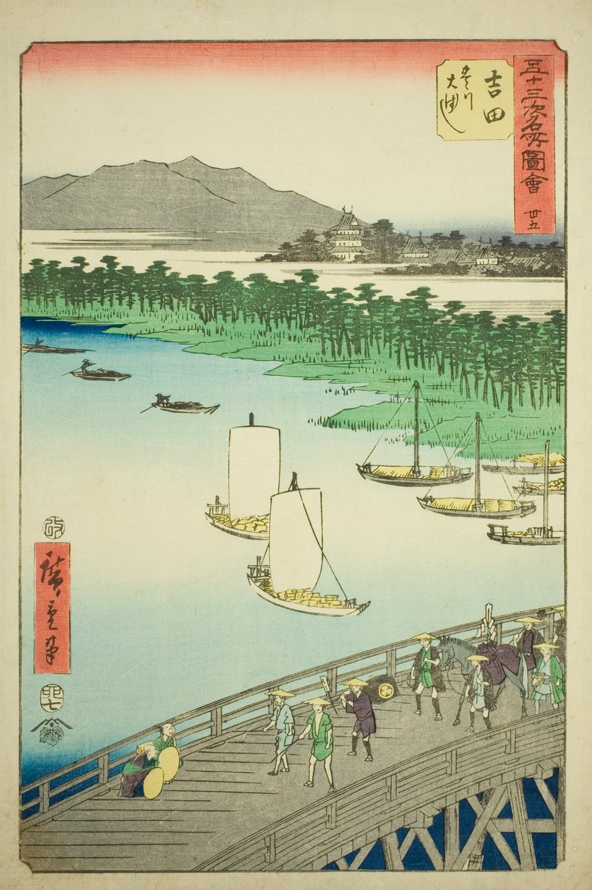 Yoshida: Store bro ved Toyo-floden (Yoshida, Toyokawa ohashi), nr. 35 fra serien "Famous Sights of the Fifty-tre Stations (Gojusan tsugi meisho zue)," også kendt som den lodrette Tokaido af Utagawa Hiroshige