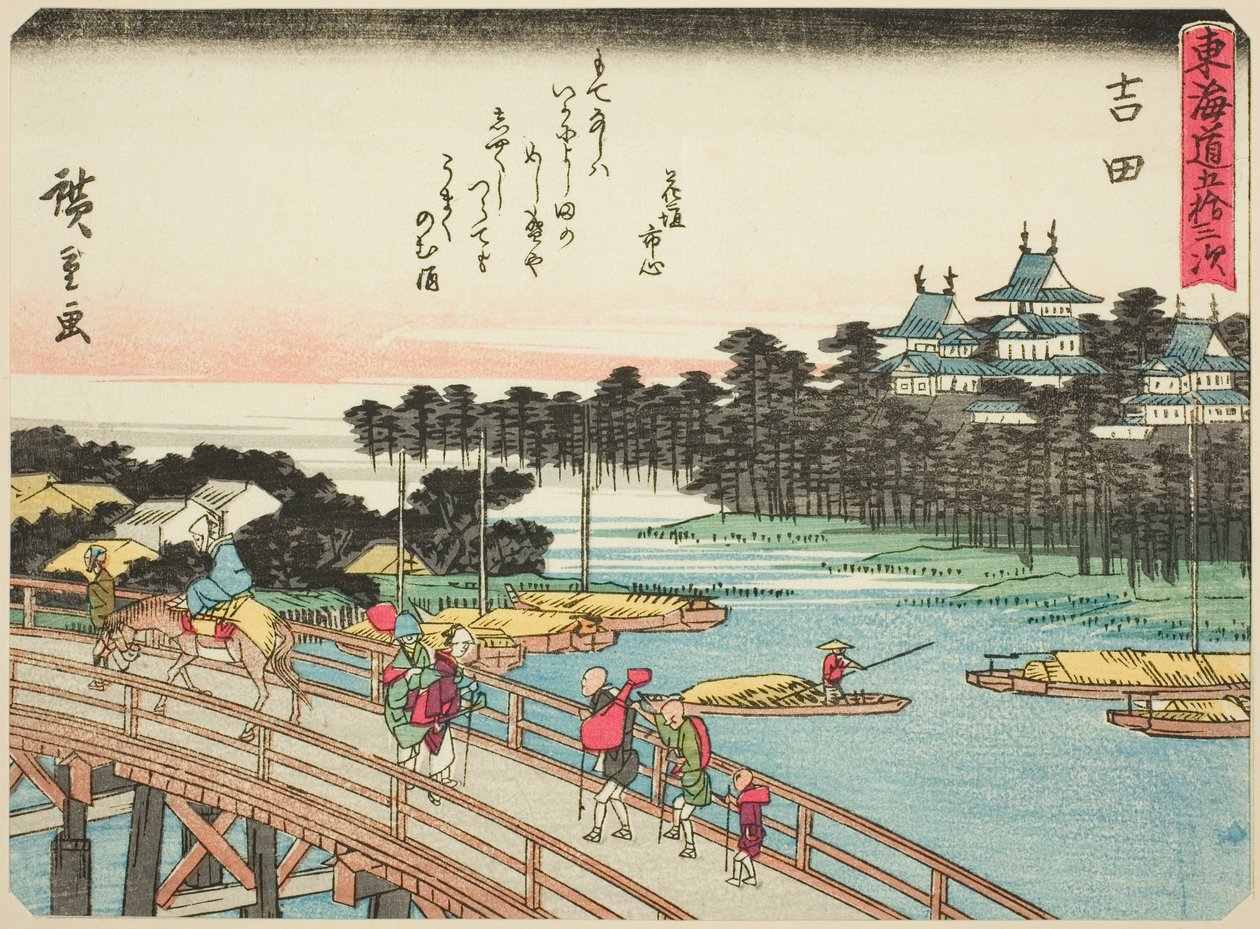 Yoshida, fra serien "Fifty-three Stations of the Tokaido (Tokaido gojusan tsugi)," også kendt som Tokaido med digt (Kyoka iri Tokaido) af Utagawa Hiroshige
