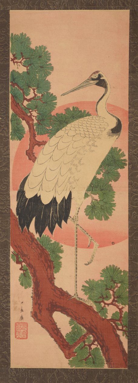 Kranich auf einem Kiefernzweig vor der Sonnenscheibe af Utagawa Hiroshige