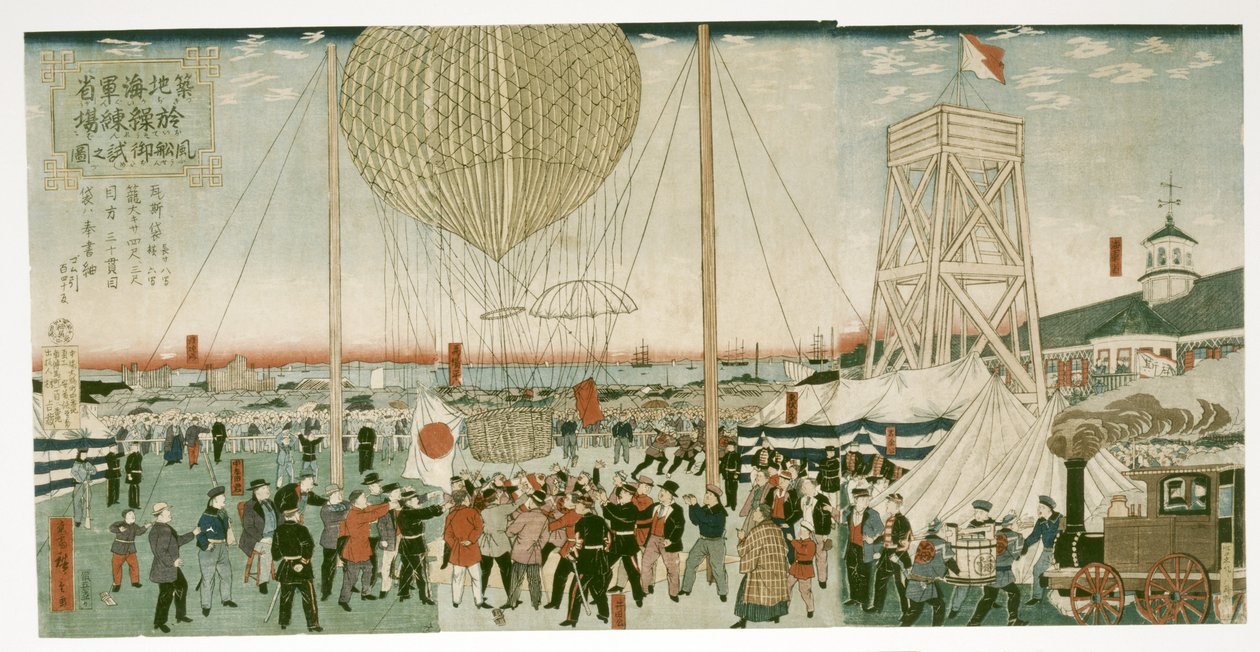 Japansk flåde tester en luftballon i Tsukiji af Utagawa Hiroshige III