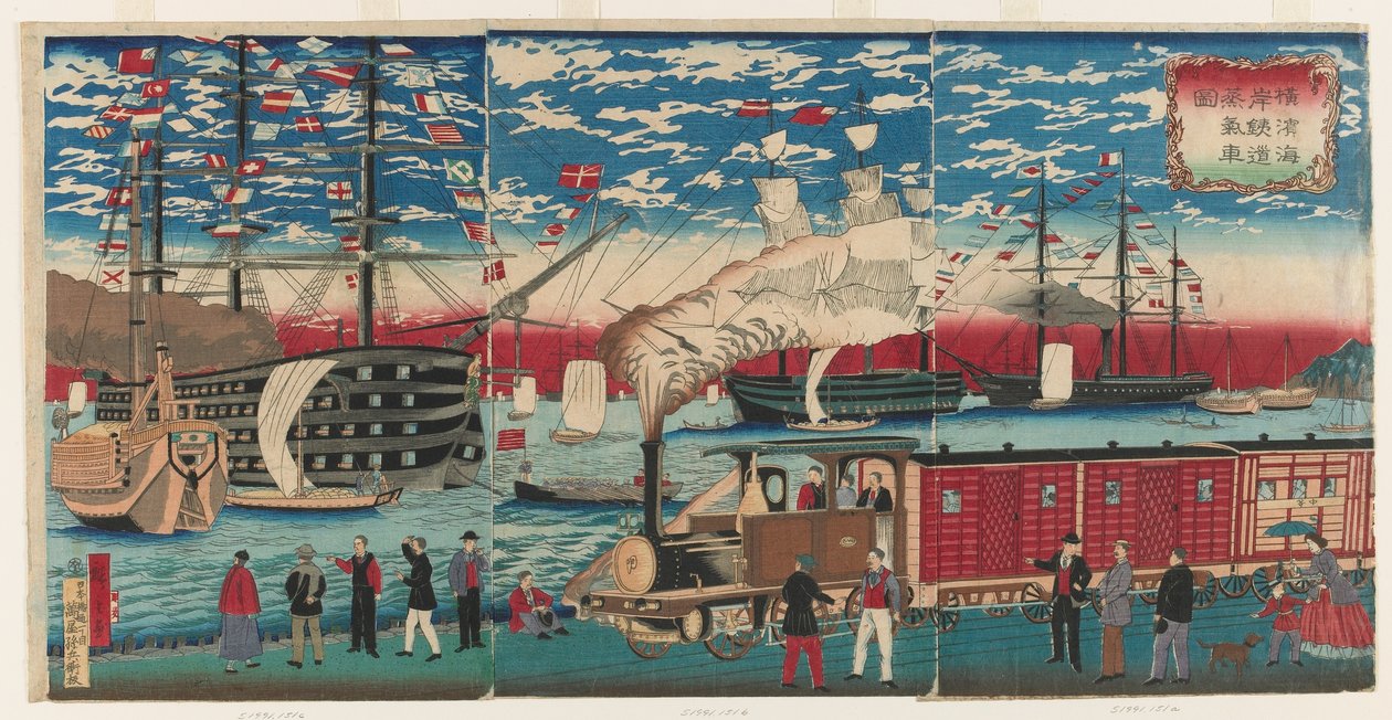 Billede af et lokomotiv langs Yokohama Waterfront, Yokohama, Edo-perioden af Utagawa Hiroshige III