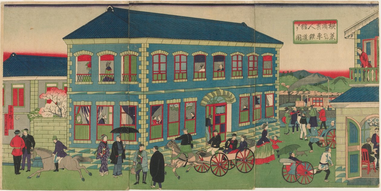 Billede af damptoget fra de udenlandske virksomheder i Yokohama, Meiji-æraen af Utagawa Hiroshige III