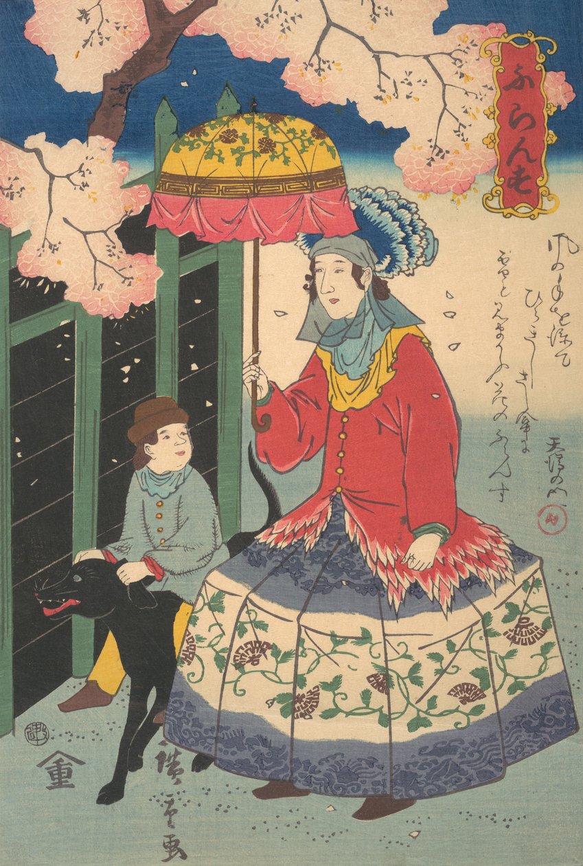 Fransk kvinde, hendes barn og hund, 10. måned, 1860. af Utagawa Hiroshige II