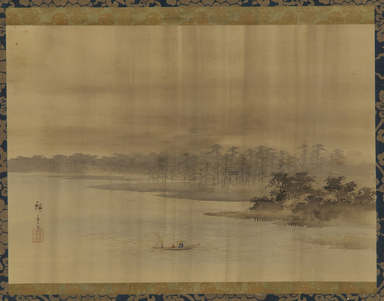 Flodlandskab og tempel i regnen, Edo-perioden, 1800-tallet. af Utagawa Hiroshige II