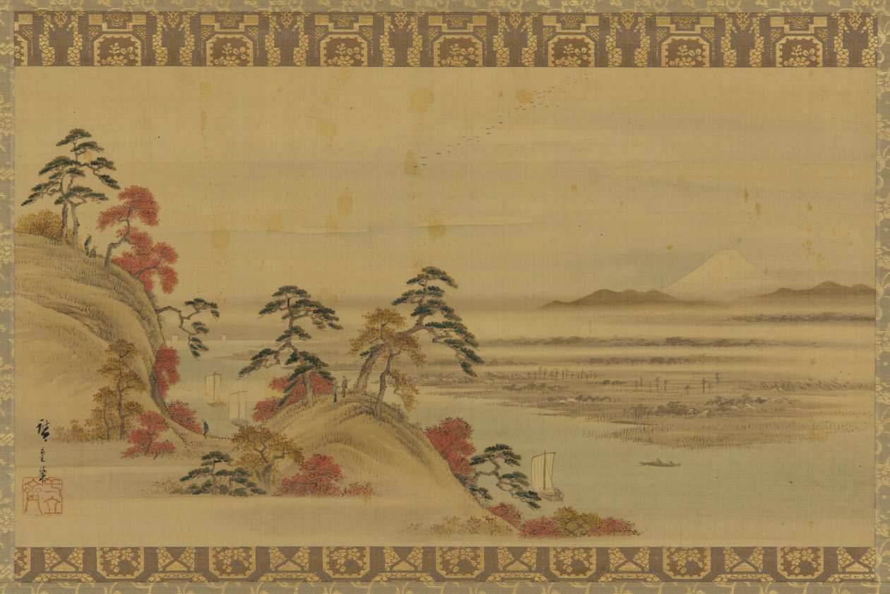 Flodlandskab: rødt løv og Fuji-bjerget, Edo-perioden, midten af det 19. århundrede. af Utagawa Hiroshige II