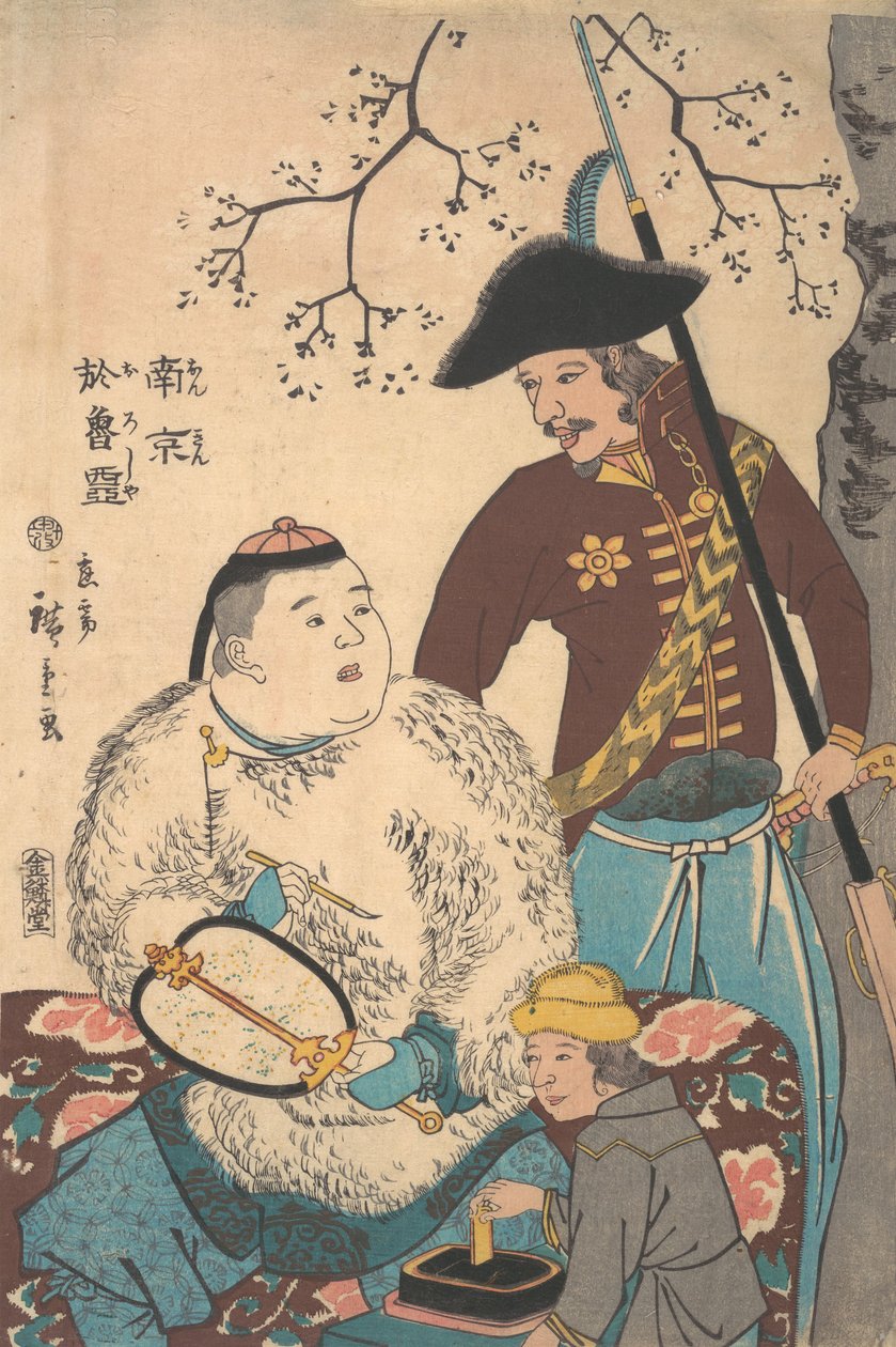 Russere og en kineser, der indskriver en fan, 12. måned, 1860. af Utagawa Hiroshige II