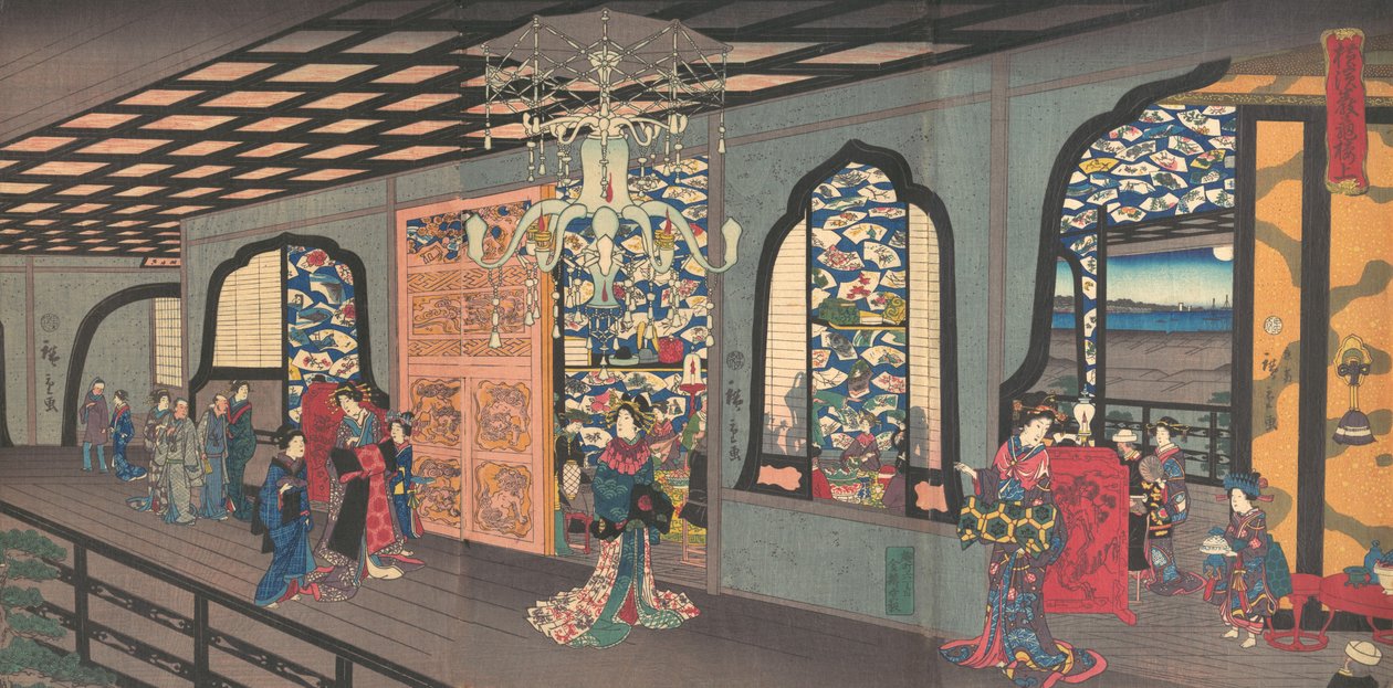 Øverste etage i Gankiro Tea House i Yokohama, 4. måned, 1860. af Utagawa Hiroshige II