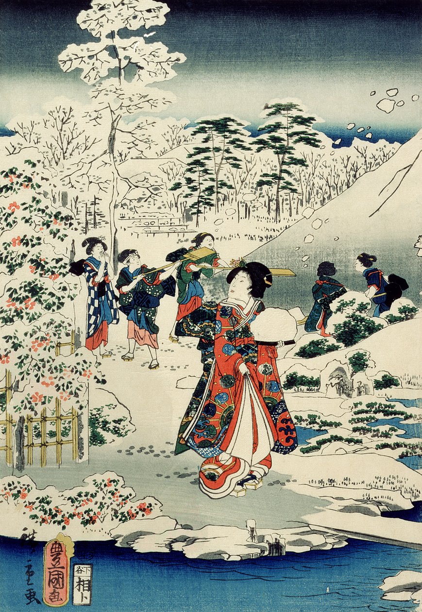 Stuepiger i en snedækket have af Utagawa and Hiroshige II Utagawa Kunisada