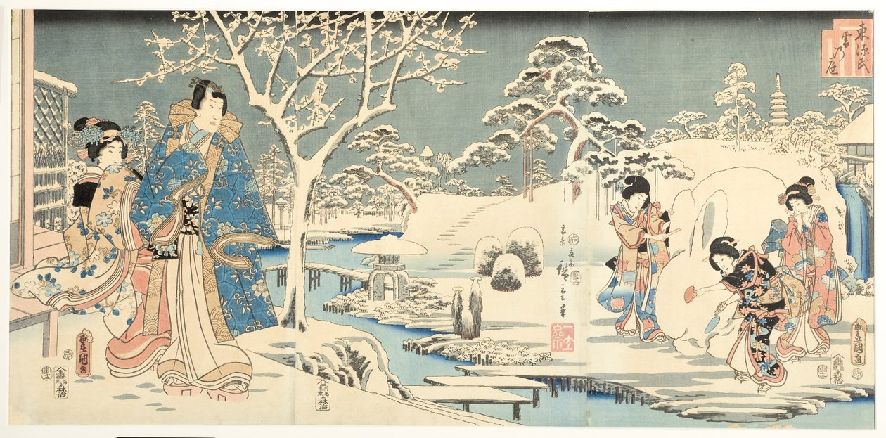 En østlig genji i en snedækket have, 1854 (træblok) af Utagawa Hiroshige and Kunisada