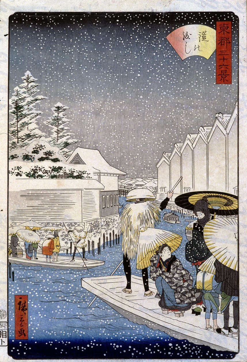 Både under sneen, Japan - Hiroshige print af Utagawa II Hiroshige
