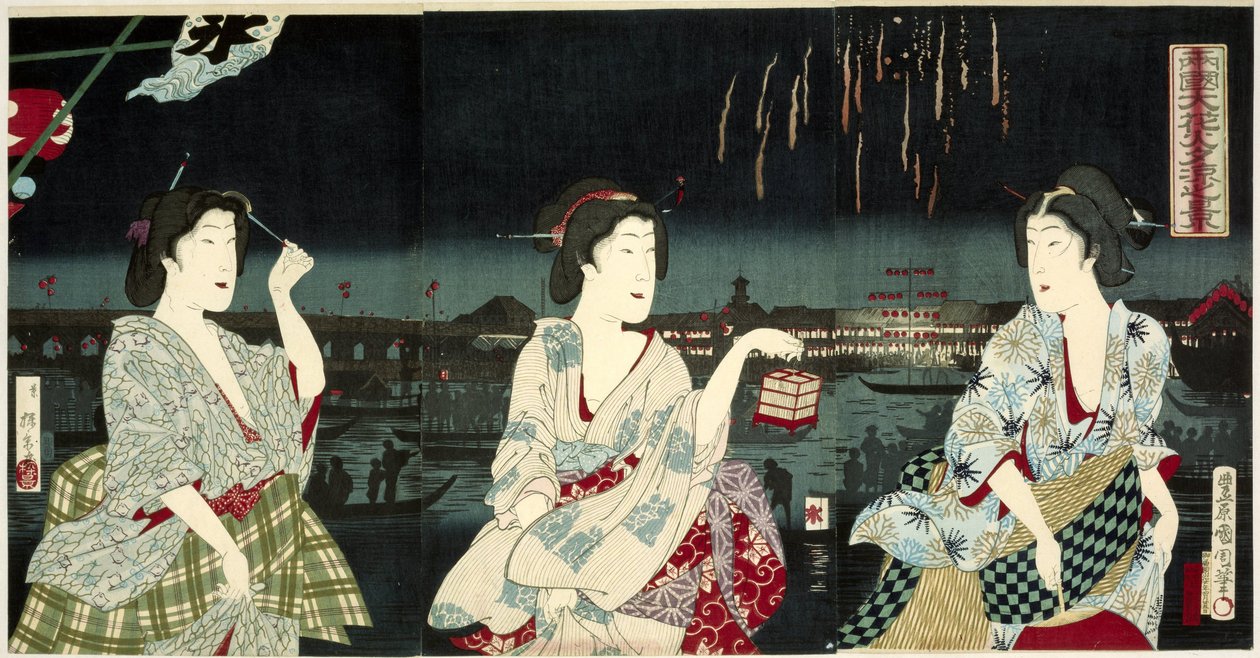 Nyder aftenbrisen under fyrværkeriet på Ryogoku Ryogoku hanabi yusuzumi no kei (titel på objekt) af Utagawa Kunichika