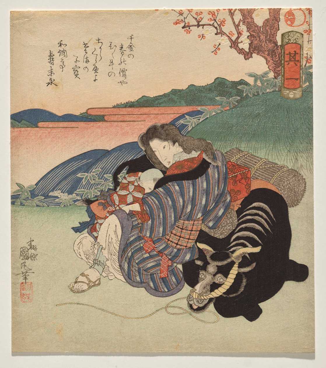 En kvinde og dreng hviler mod en okse af Utagawa Kunimaru