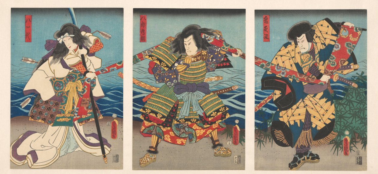 Tre kabuki-skuespillere trækker et rødt banner af Utagawa Kunisada (I)