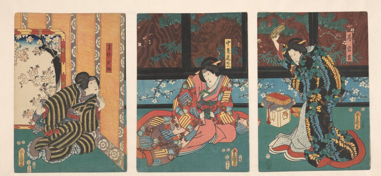 Scene fra Play The Mirror Mountain Ohatsu-spioner skændes mellem ventende damer af Utagawa Kunisada (I)