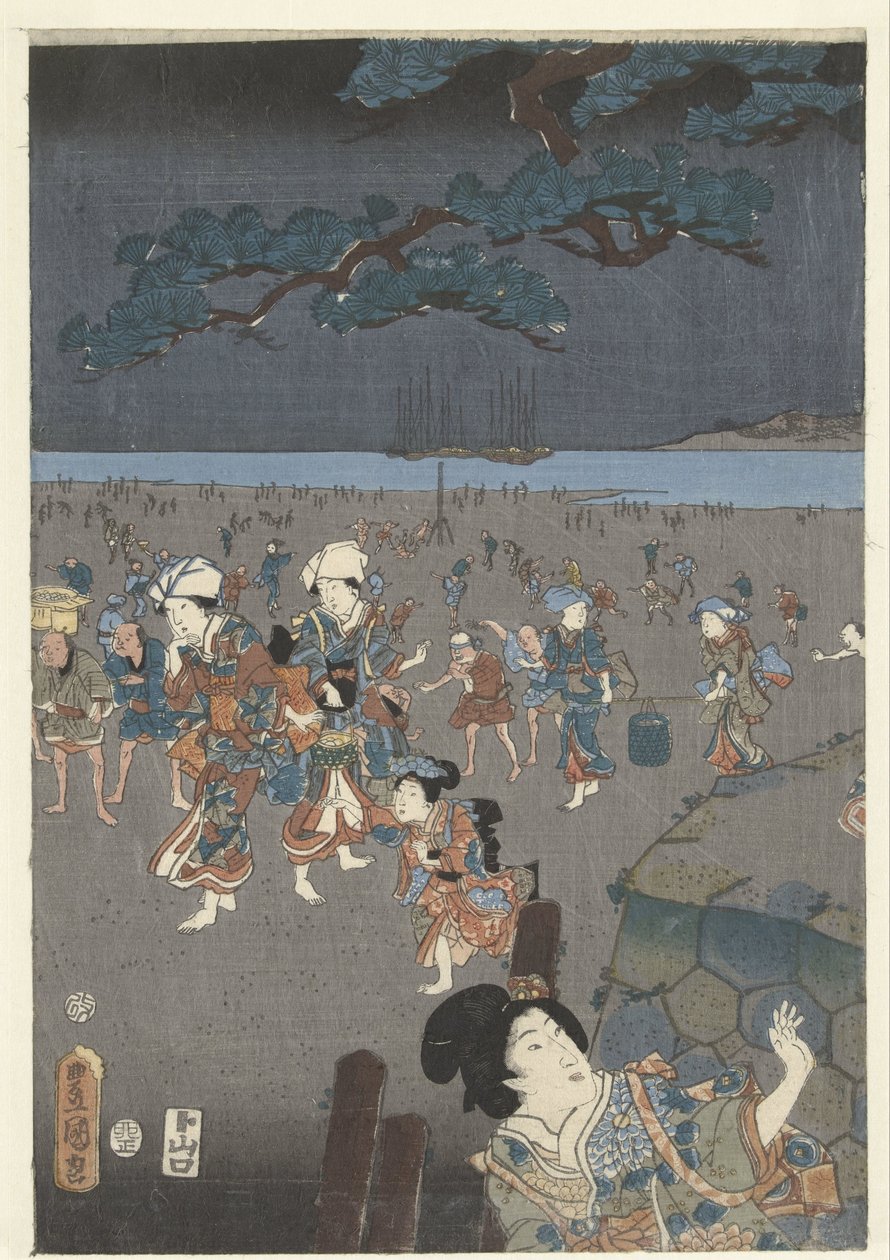 Samler skaller på stranden Akashi Akashi no ura shiogari no zu af Utagawa Kunisada (I)