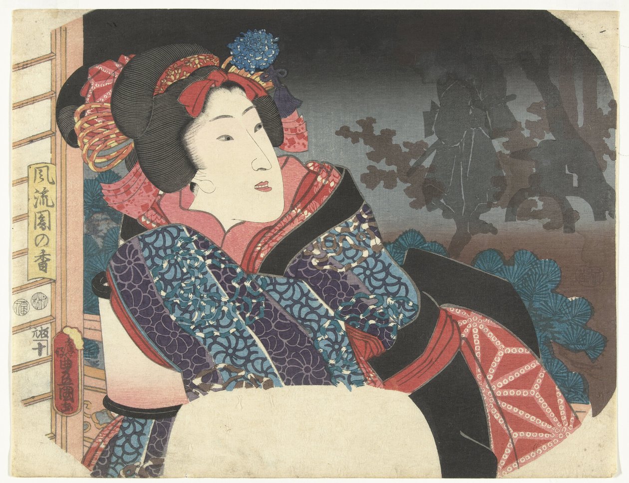 Kvinde dækker lanterne med kimono Udvalg af elegante haver (serietitel) Furyu sono no ko (serietitel på objekt) af Utagawa Kunisada (I)