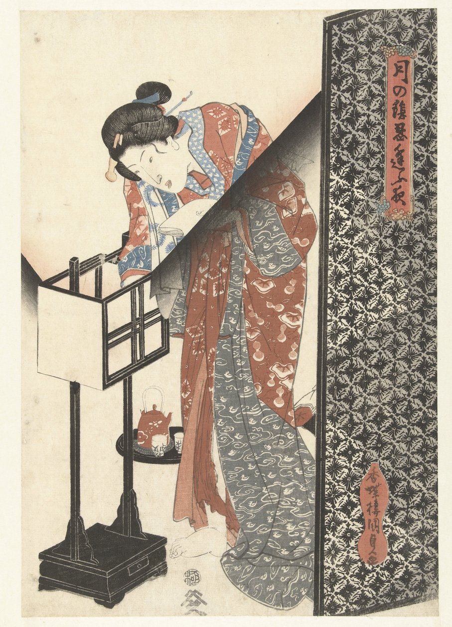 Kvinde ved lampe Secret Nighttime Dates af Moonlight (serietitel) Tsuki no kage shinobiau yoru (serietitel på objekt) af Utagawa Kunisada (I)