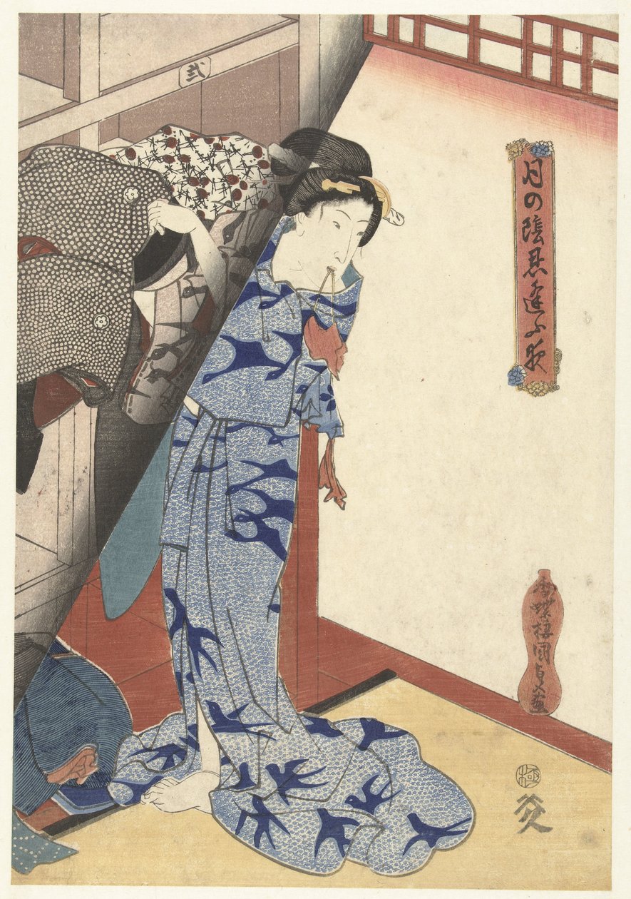 Kvinde lægger en kimono fra sig Secret Nighttime Dates af Moonlight (serietitel) Tsuki no kage shinobiau yoru (serietitel på objekt) af Utagawa Kunisada (I)