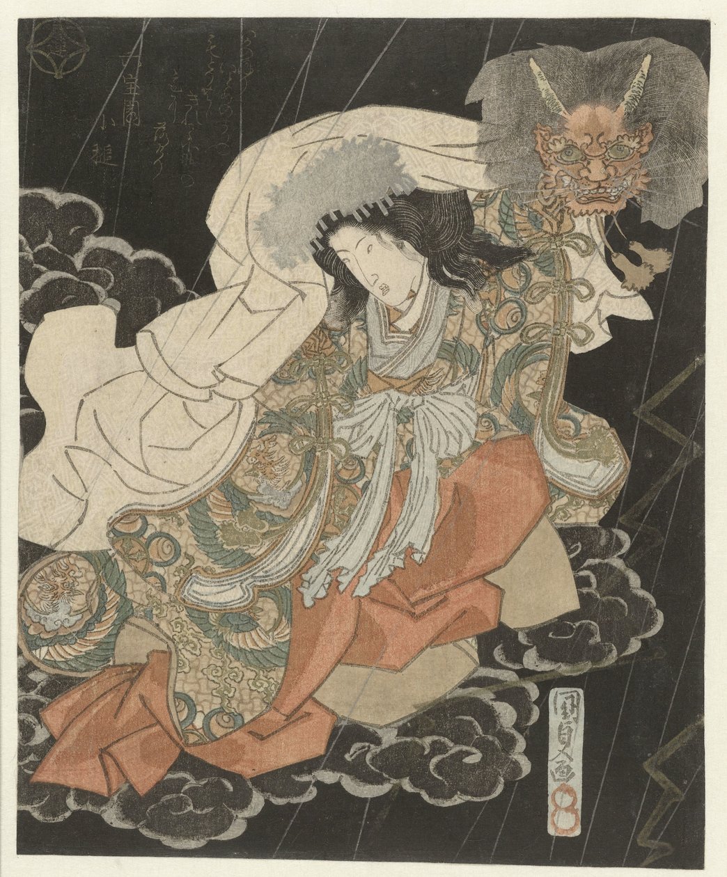 Kvinde med dæmonmaske mellem skyerne af Utagawa Kunisada (I)