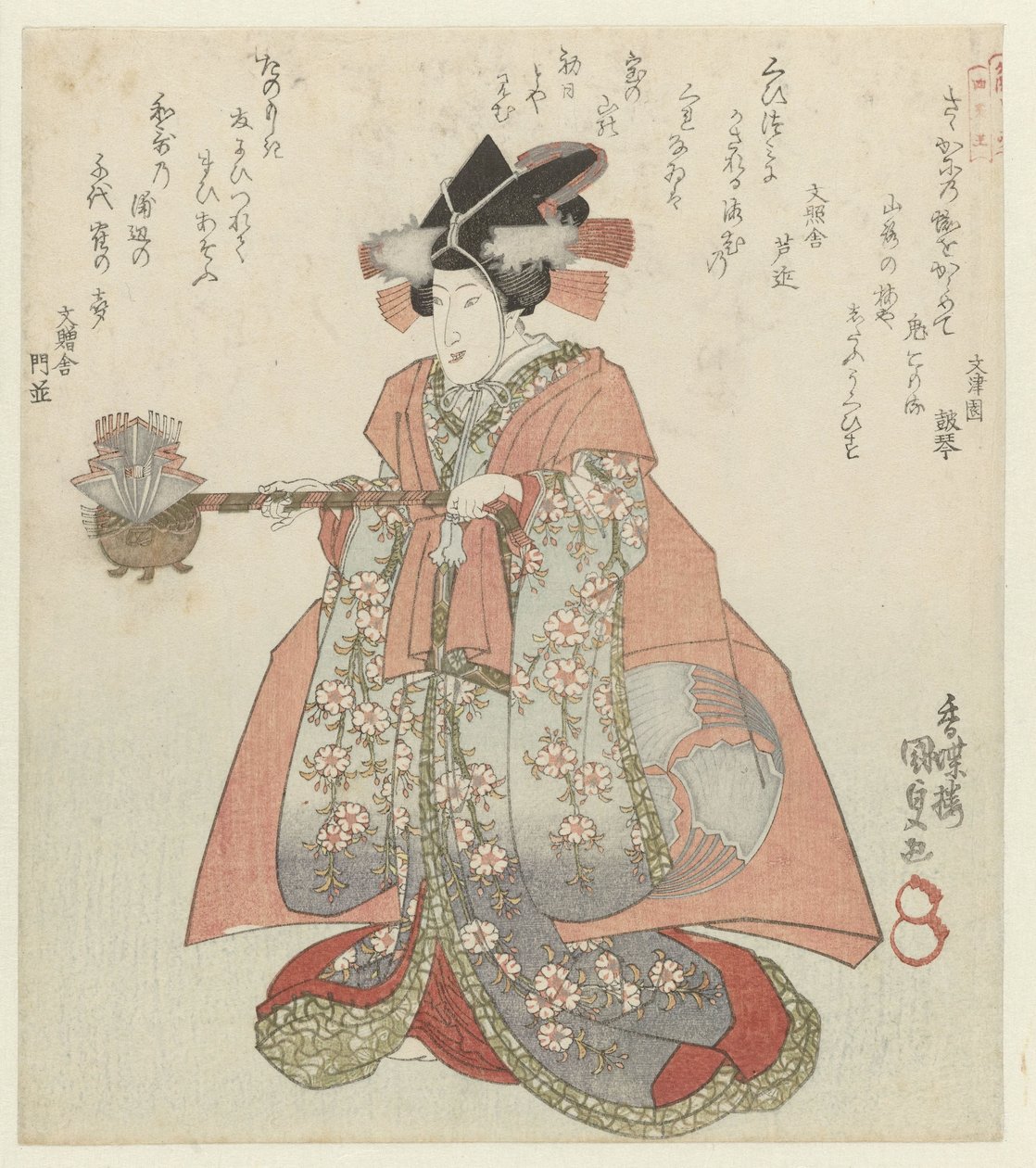 Kvinde med en sakekedel De fire loyale vasaller for Katsushika Poetry Society Katsushika Shitennô (serietitel) af Utagawa Kunisada (I)