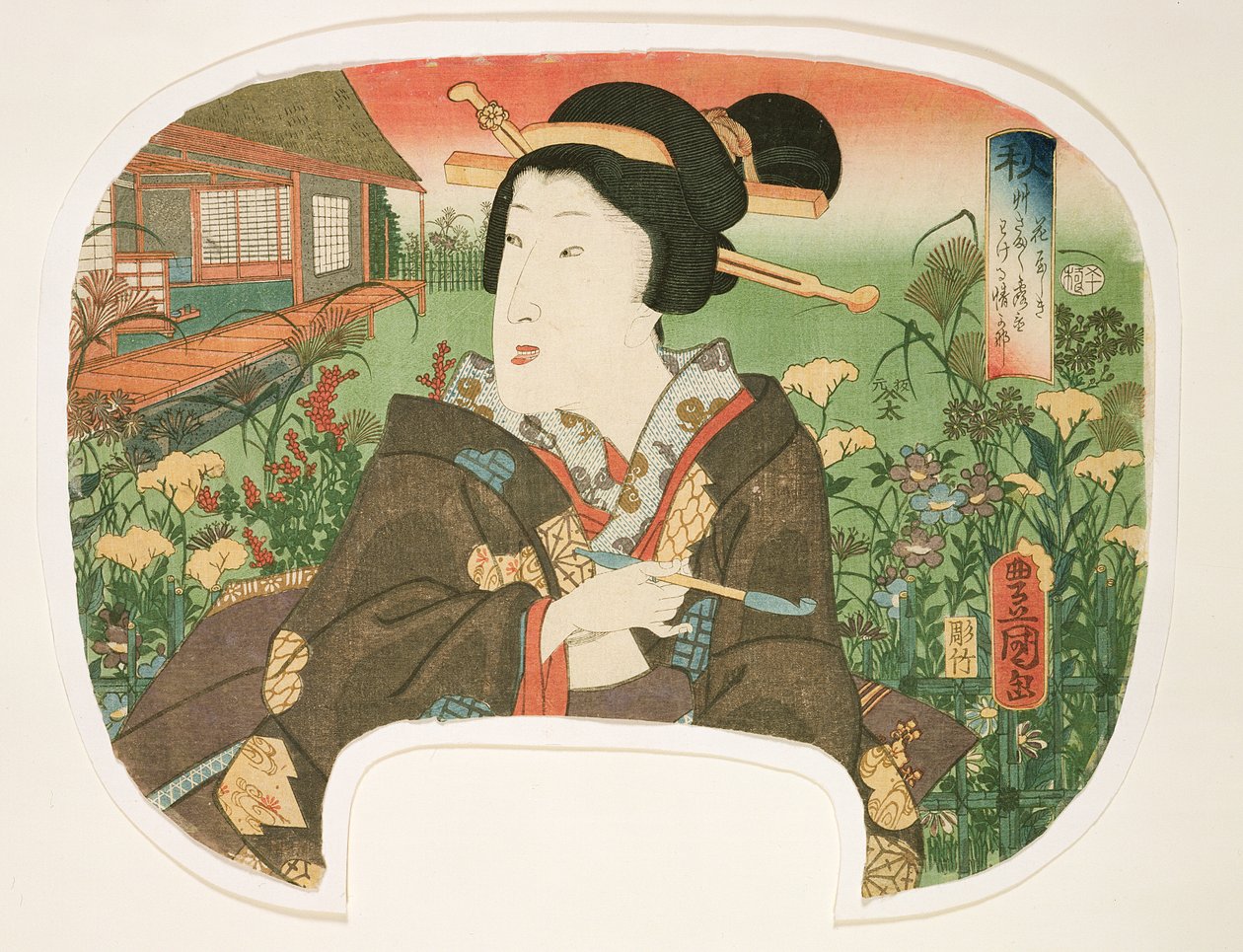 Efterår, Hanayashiki: En geisha med pibe, design til en vifte fra et sæt på fire, der illustrerer årstiderne, 1858-60 (træbloktryk) af Utagawa Kunisada