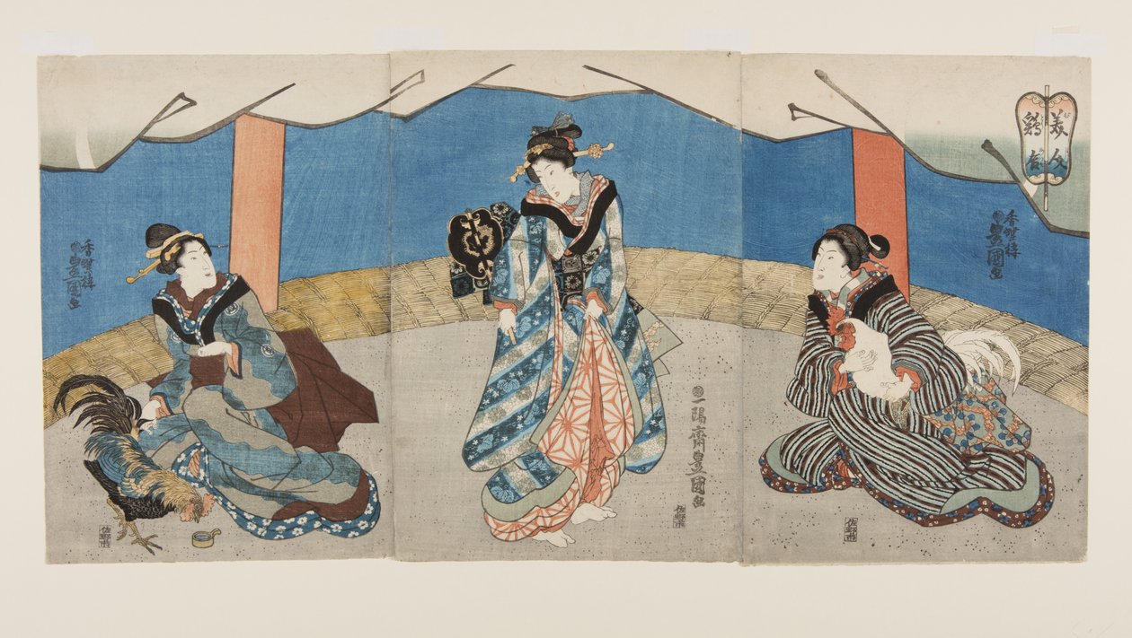 Skønheder under en hanekamp (Bijin Toriaiu) (træblok i farver) af Utagawa Kunisada