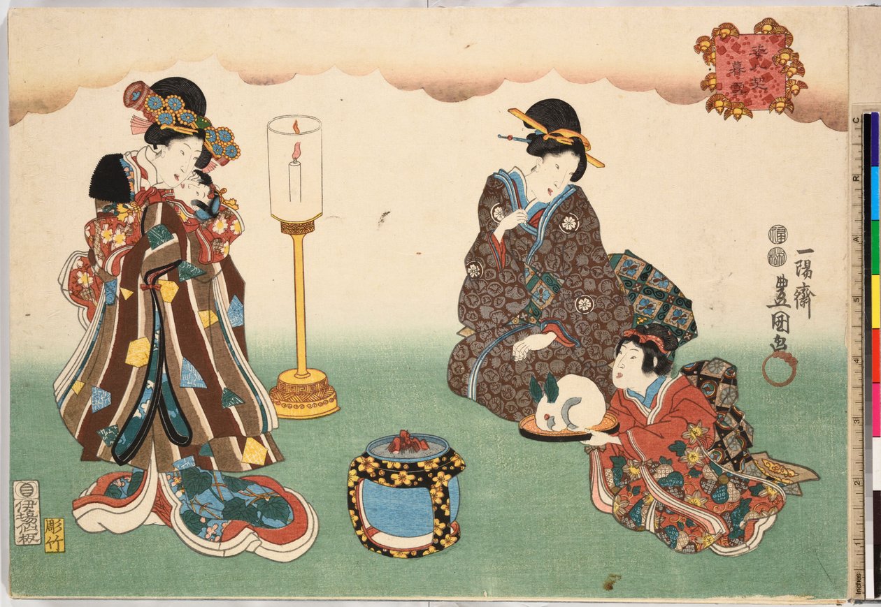 Evening Snow Bo-setsu, fra serien, Eight Figural Views Sugata Hakkei, ca. 1850., ca. 1850 af Utagawa Kunisada