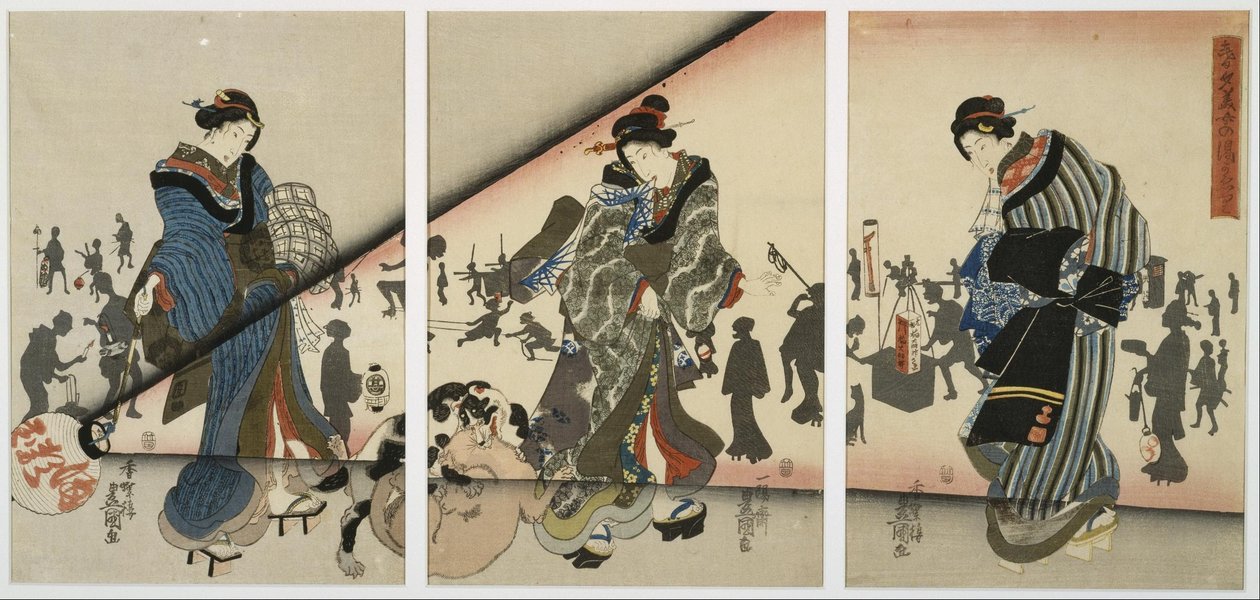 Natscene med piger, dyr og lanterner af Utagawa Kunisada
