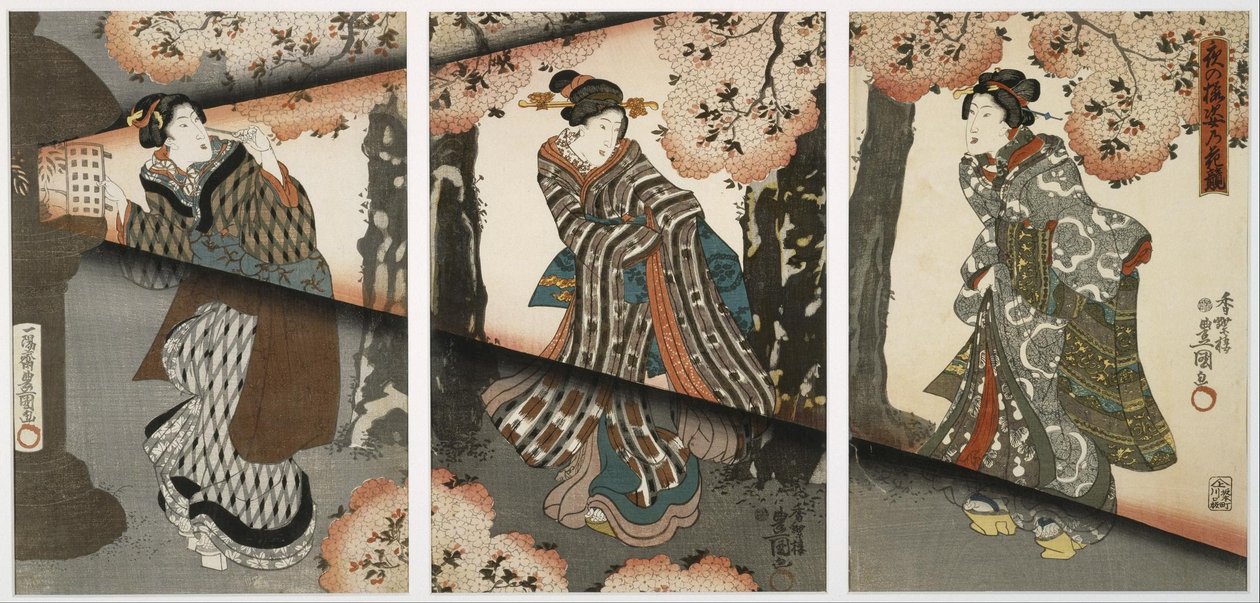 Natscene med piger og lanterner af Utagawa Kunisada