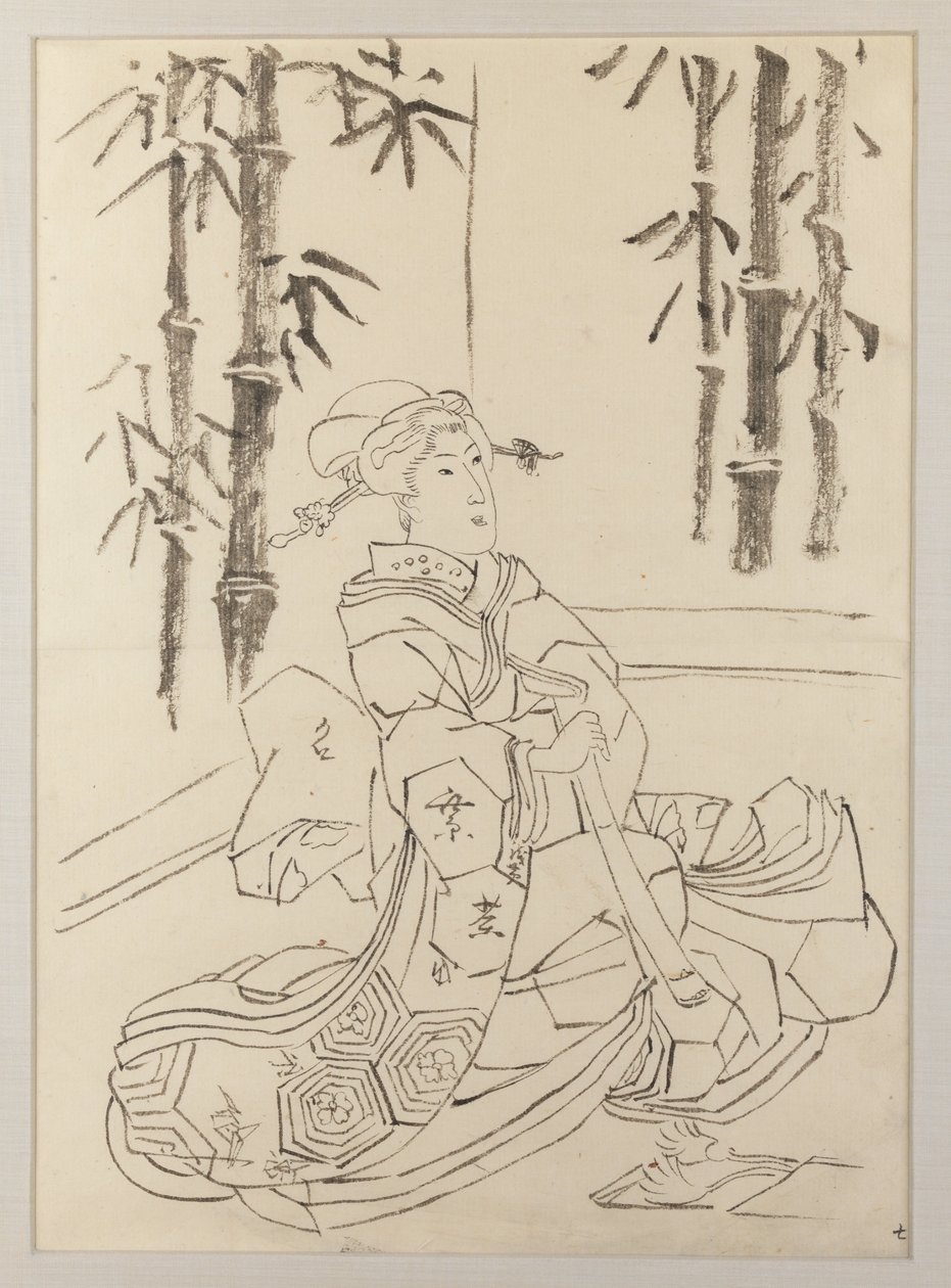 Forberedende tegning til venstre blad i triptykonet Elegant instrumentaltrio af piger af Utagawa Kunisada