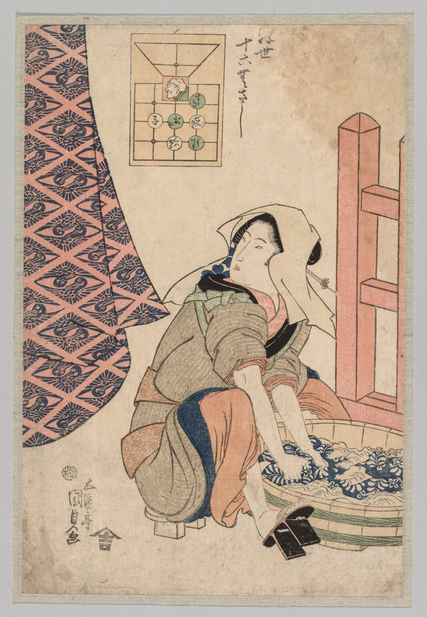 Siddende kvinde vasker tøj i et træbalje af Utagawa Kunisada