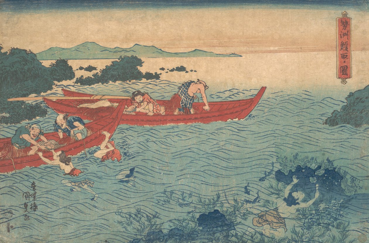 Illustration af Sake Abalone Bird, ? 1840. , myg. 1840. af Utagawa Kunisada