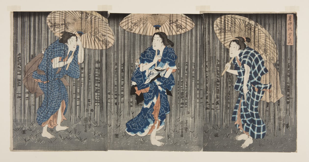 Pludselig brusebad i sommervarmen (Shochu no yudachi) (træbloktryk i farver) af Utagawa Kunisada